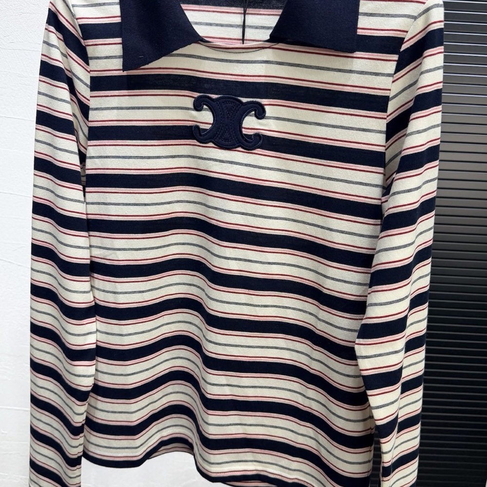 Celine Navy, Cream & Red Striped Long Sleeve Polo Top